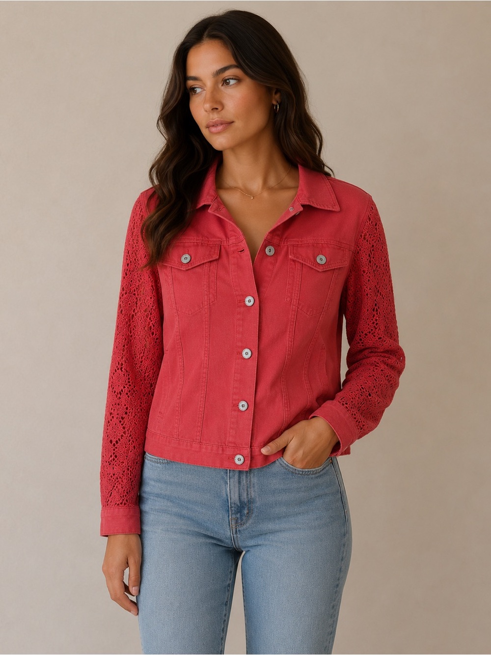 Chico's Coral Jean Jacket with Long Sleeves and Relaxed Fit - Picture 1 of 9